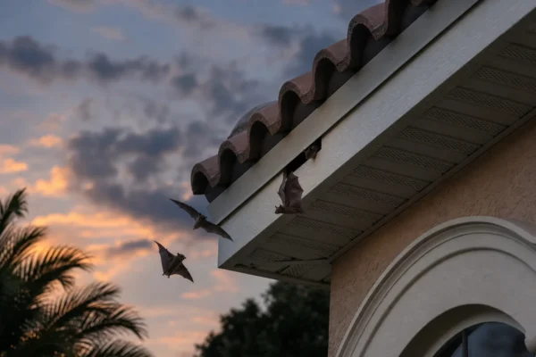 Illustration of several bats emerging from a narrow roof-edge opening at dusk.