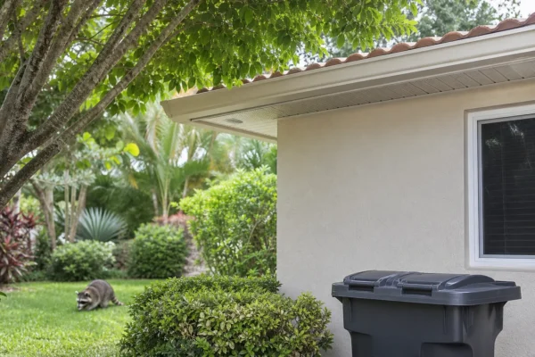 Illustrated house with protected roof vents and a securely closed garbage bin
