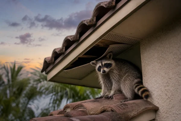 Illustrated raccoon and displaced roof-edge material on a Florida home