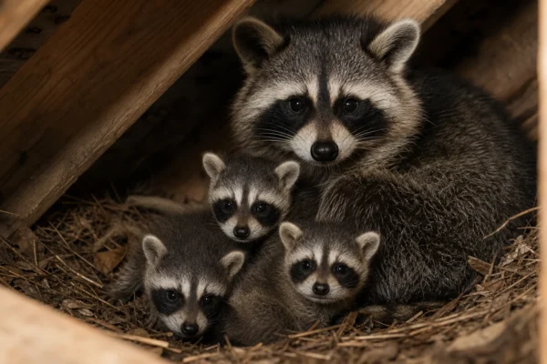 Illustrated adult raccoon with young in a sheltered attic recess