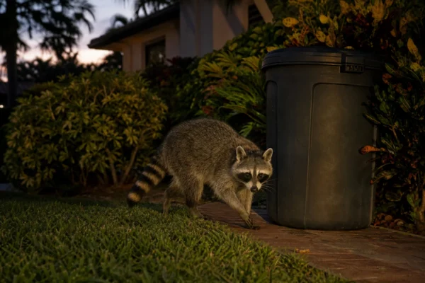 Illustrated raccoon walking through a landscaped South Florida yard
