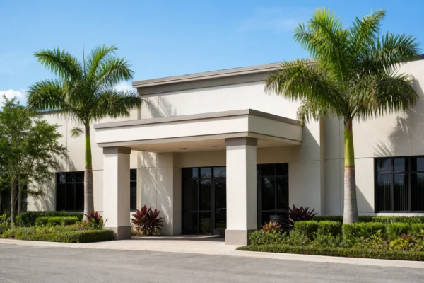 Illustration of a stucco commercial building with palms and a covered entrance.