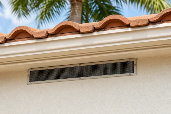 Illustration of fitted metal screening over a soffit ventilation opening.