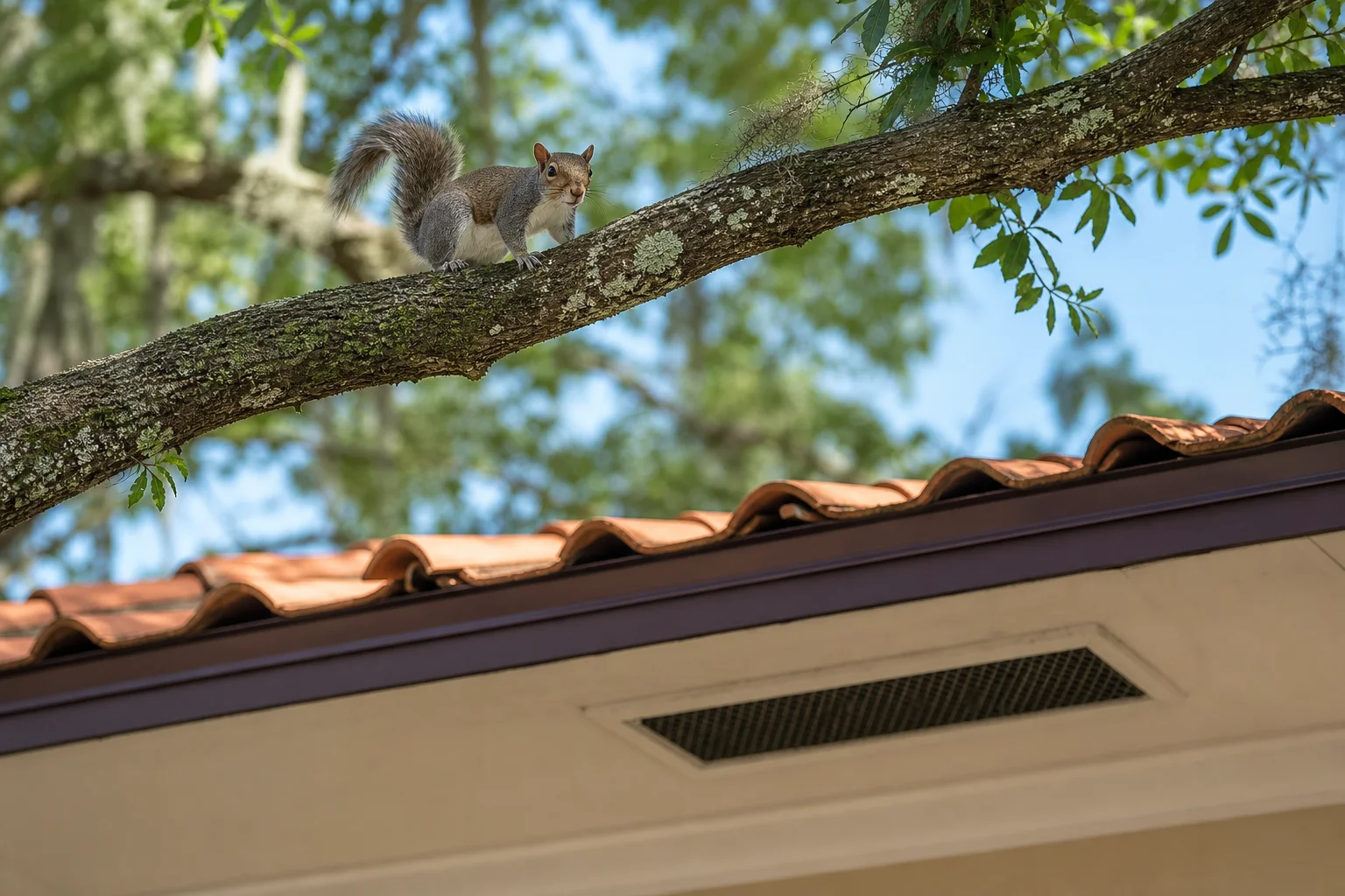 Illustration of a gray squirrel on a tree branch near a tile roof.