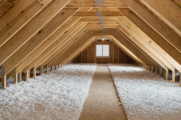Illustration of a timber-framed attic with insulation and an access walkway.