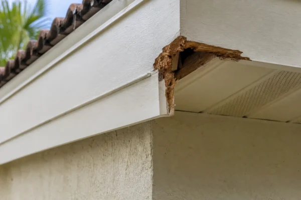 Illustration of localized wildlife damage at the corner of a fascia and soffit.