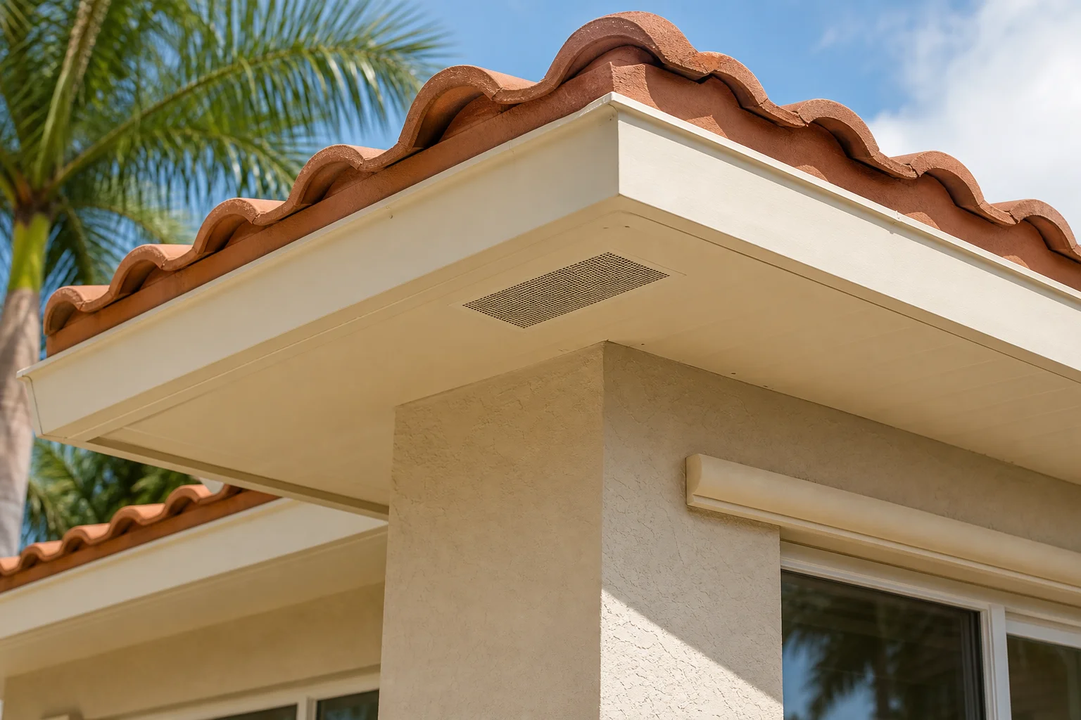 Illustration of repaired fascia, soffit and ventilation at a tile roof edge.