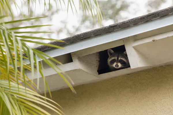 Illustrated raccoon peering from a dark opening beneath a house roof
