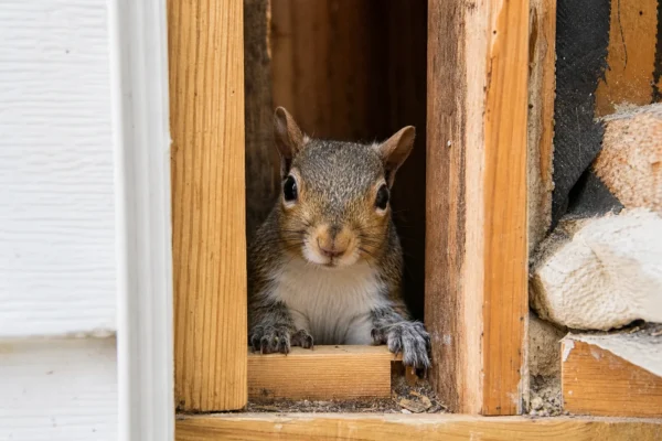 Generated cutaway-style illustration of a squirrel near a residential wall cavity