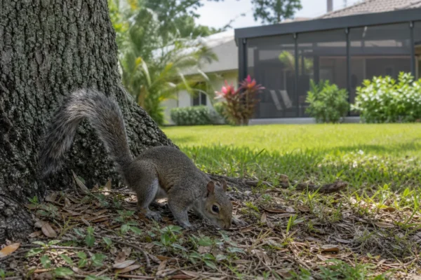 Squirrel beside garden planting in a generated Palm Beaches yard illustration
