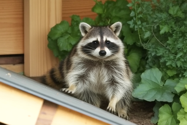 Raccoon sitting beside green plants