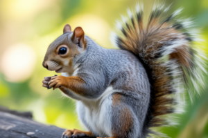 Squirrel eating on a wooden ledge